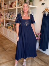 Load image into Gallery viewer, Navy Midi Dress with Embroidery Detail
