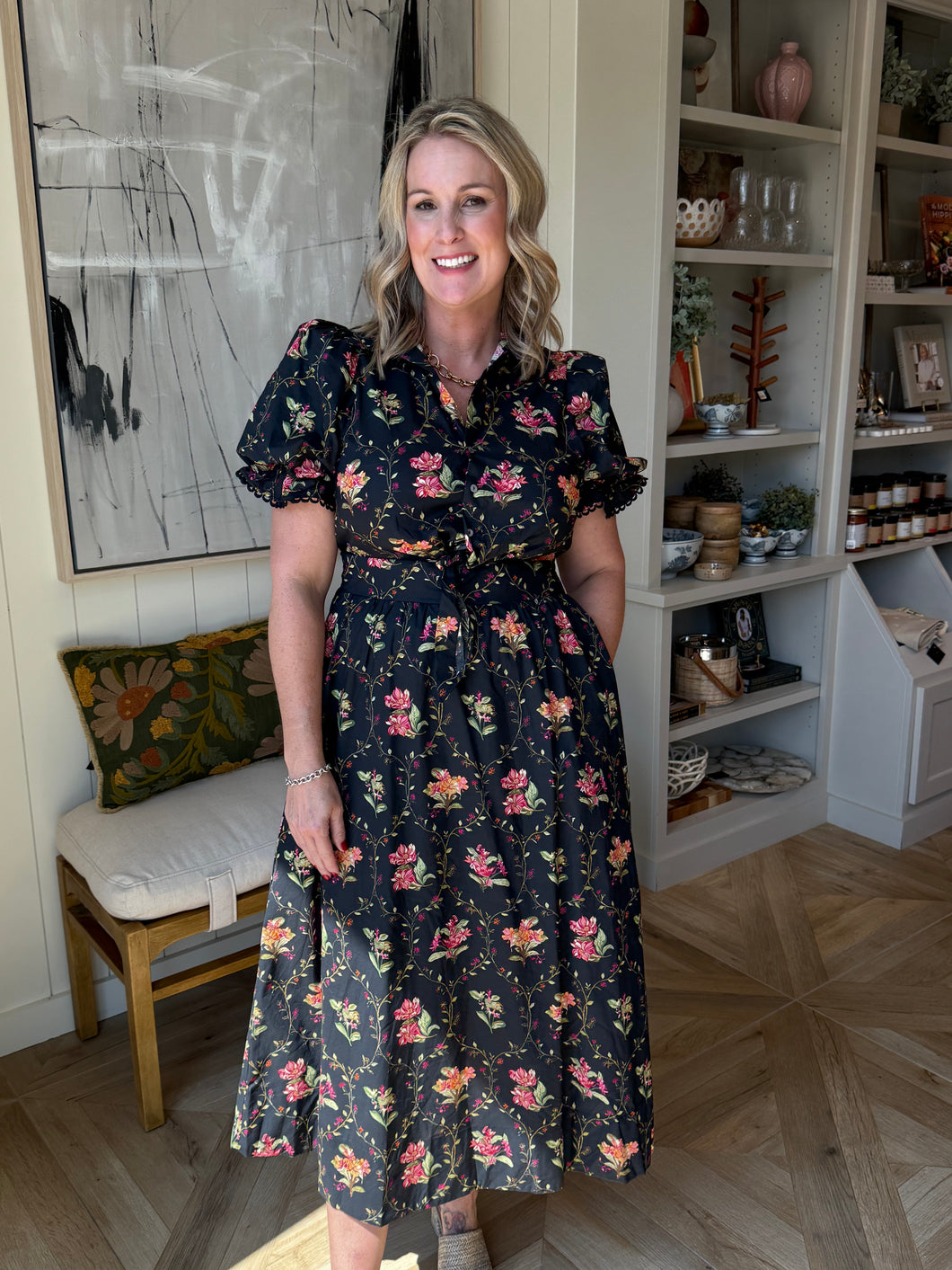 Black Floral Tie Front Maxi Dress