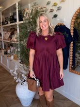 Load image into Gallery viewer, Merlot Pleated Puff Sleeve Dress
