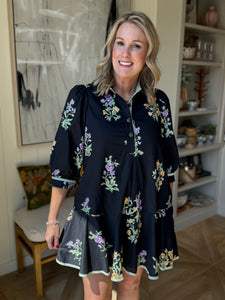 Black Floral Botanical Short Dress