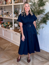 Load image into Gallery viewer, Navy Belted Trench Midi Dress
