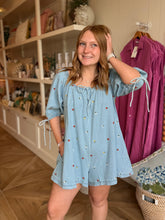Load image into Gallery viewer, Embroidered Denim Romper w/ Fowers

