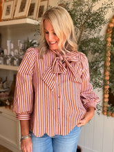 Load image into Gallery viewer, Camel &amp; Pink Stripe V-Neck Tie Blouse
