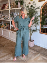 Load image into Gallery viewer, Army Green Short Sleeve Tie Front Blouse
