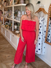 Load image into Gallery viewer, Red Ruffle Strapless Jumpsuit
