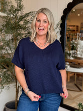 Load image into Gallery viewer, Navy Lightweight Vneck Short Sleeve Sweater
