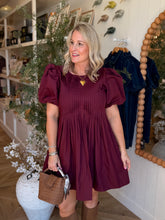 Load image into Gallery viewer, Merlot Pleated Puff Sleeve Dress
