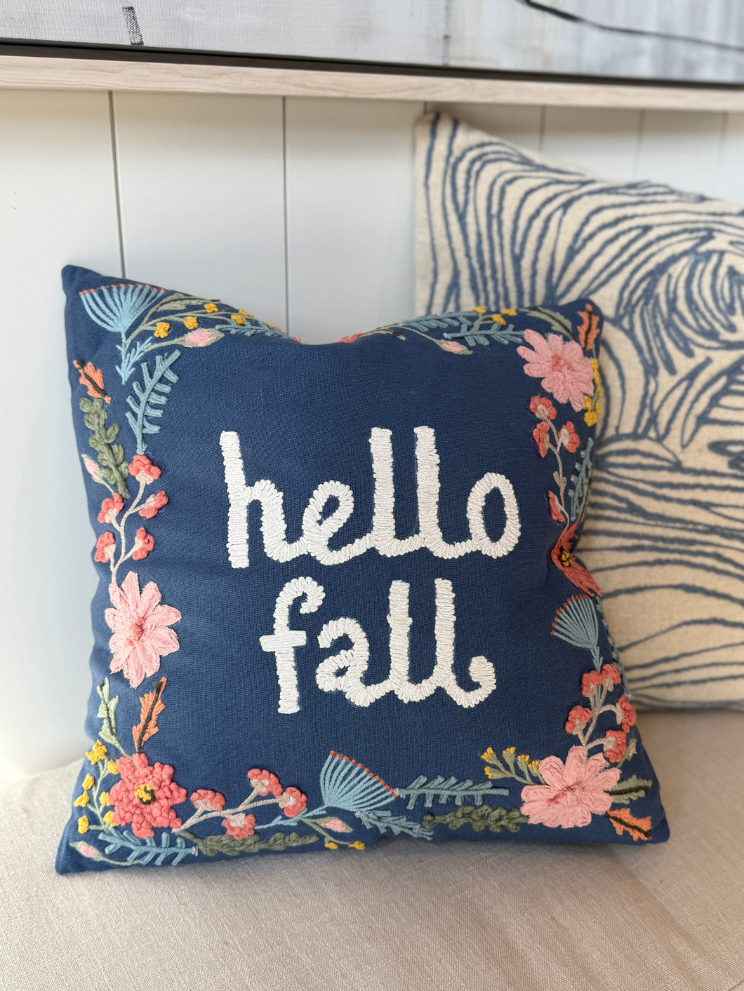 Blue Hello Fall Hook Pillow