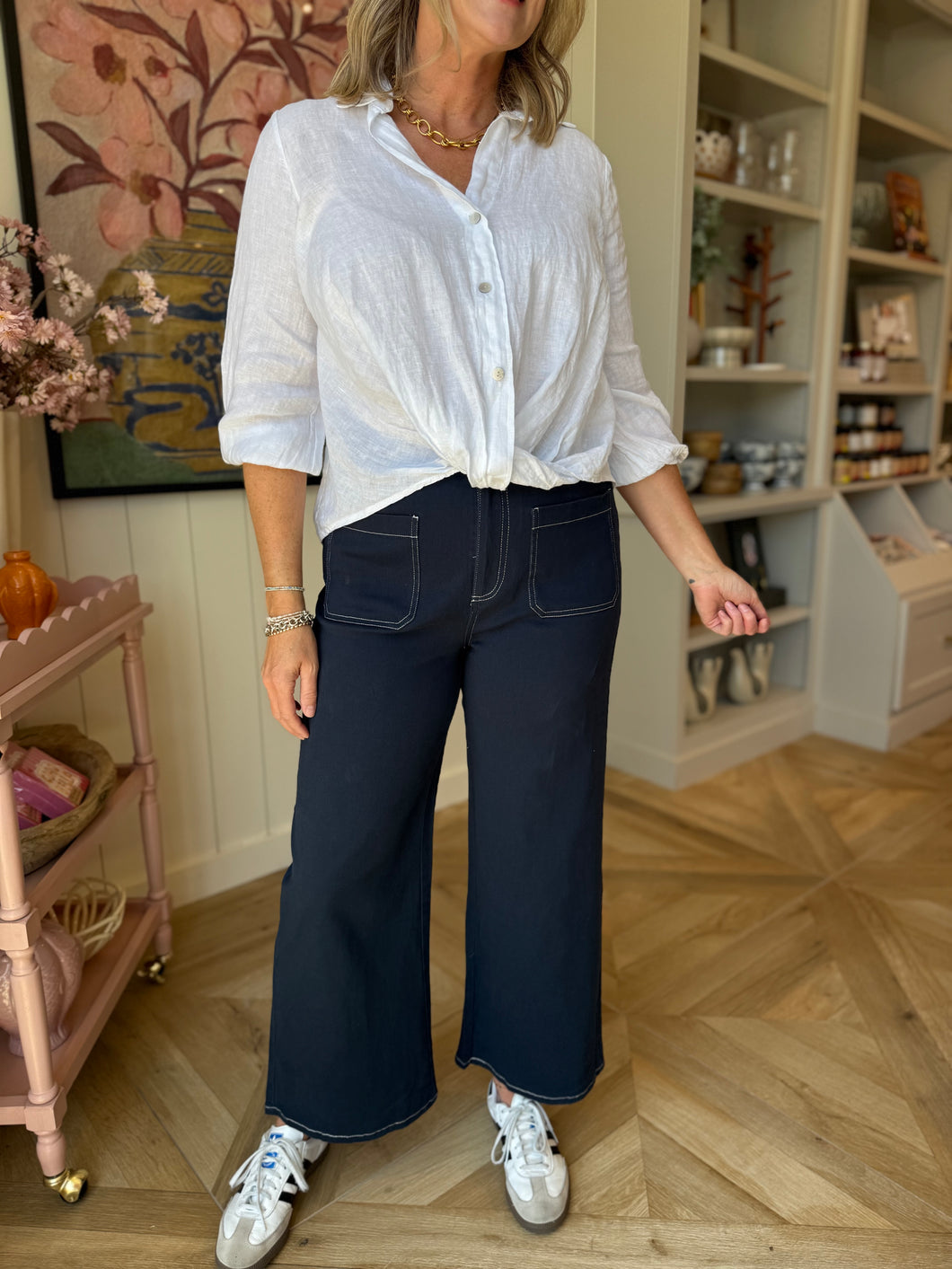 Navy Denim Wide Leg Pants