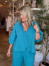 Load image into Gallery viewer, Teal Linen Balloon V-Neck Blouse
