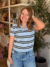 Load image into Gallery viewer, Blue Stripe Johnny Collar Knit Top
