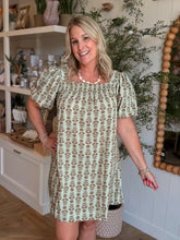 Load image into Gallery viewer, Sage &amp; Gold Print Short Dress
