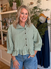 Load image into Gallery viewer, Forest Green Gingham Peplum Top

