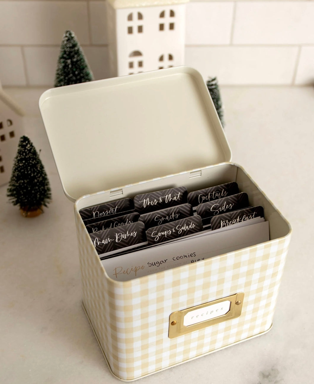 Beige Gingham Recipe Tin Box