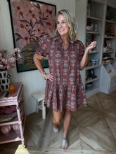 Load image into Gallery viewer, Brown Floral Short Sleeve Tie Neck Dress
