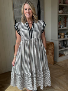 Black Stripe Flutter Sleeve Dress
