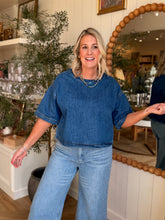 Load image into Gallery viewer, Round Neck Short Sleeve Denim Crop Top
