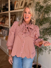 Load image into Gallery viewer, Camel &amp; Pink Stripe V-Neck Tie Blouse
