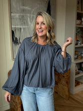 Load image into Gallery viewer, Dark Indigo Lace Trim Blouse
