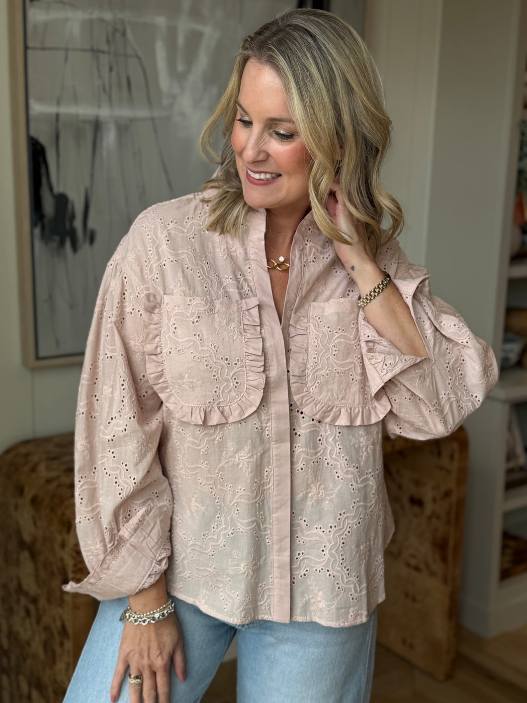 Blush Eyelet Ruffle Button Up