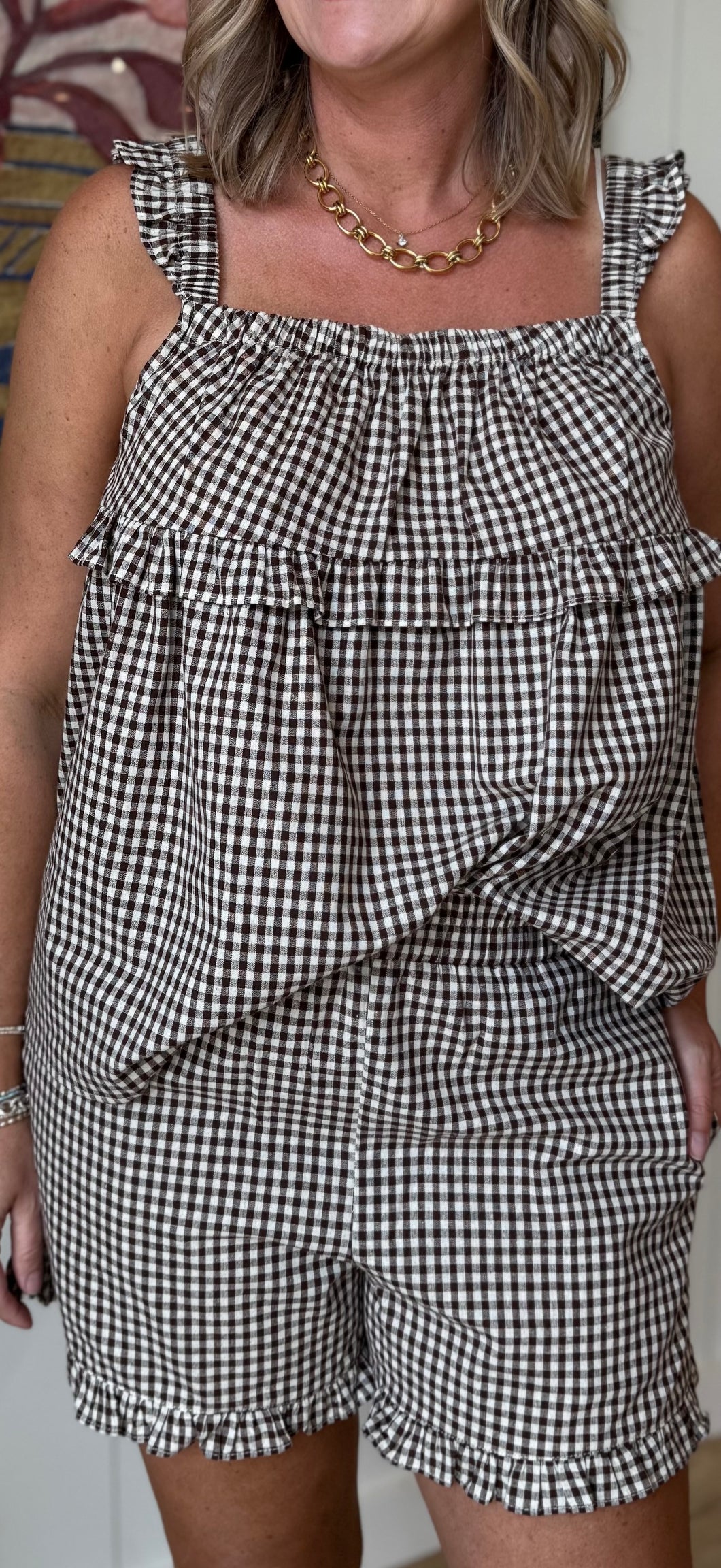 Brown Gingham Ruffle Shorts