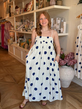 Load image into Gallery viewer, Navy Polka Dot Spaghetti Dress
