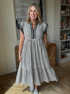 Black Stripe Flutter Sleeve Dress