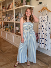 Load image into Gallery viewer, Blue &amp; Ivory Stripe Tie Front Jumpsuit
