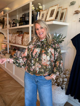 Load image into Gallery viewer, Olive Floral Tie Neck Blouse

