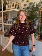 Load image into Gallery viewer, Brown Polka Dot Smocked Waist Top
