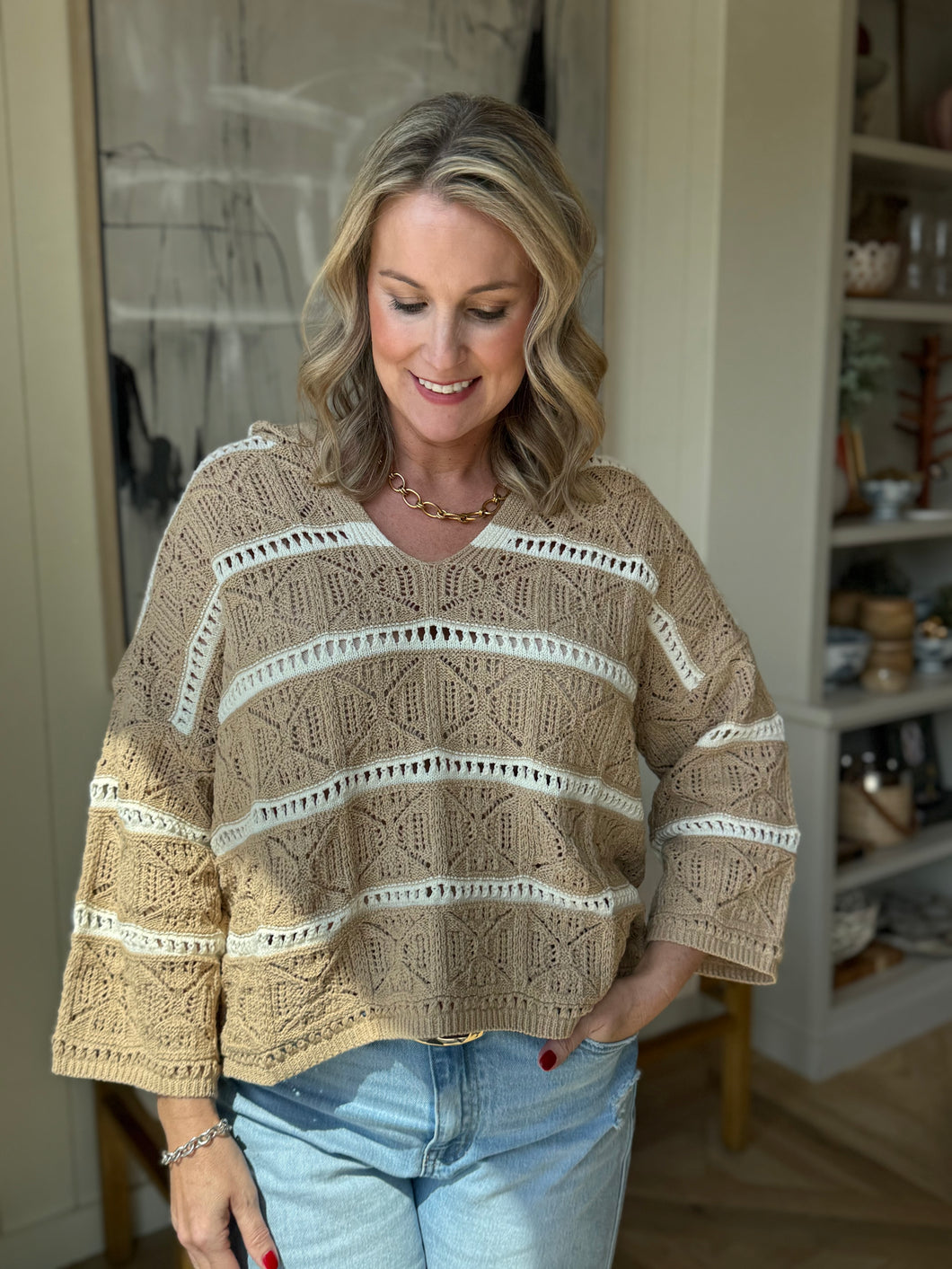 Taupe & Cream Crotched Striped Hoodie