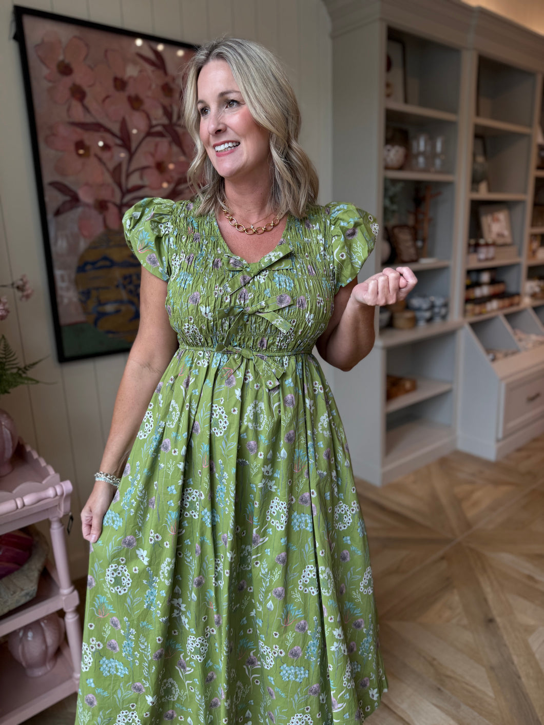 Martini Olive Print Smocked Dress