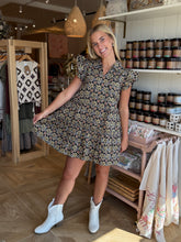 Load image into Gallery viewer, Black Floral Print Flutter Sleeve Dress
