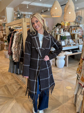 Load image into Gallery viewer, Dark Fudge Plaid Midi Coat with Fringe
