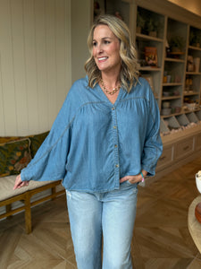 Oversized Chambray Denim Raglan Sleeve Blouse-Plus Sizes Available