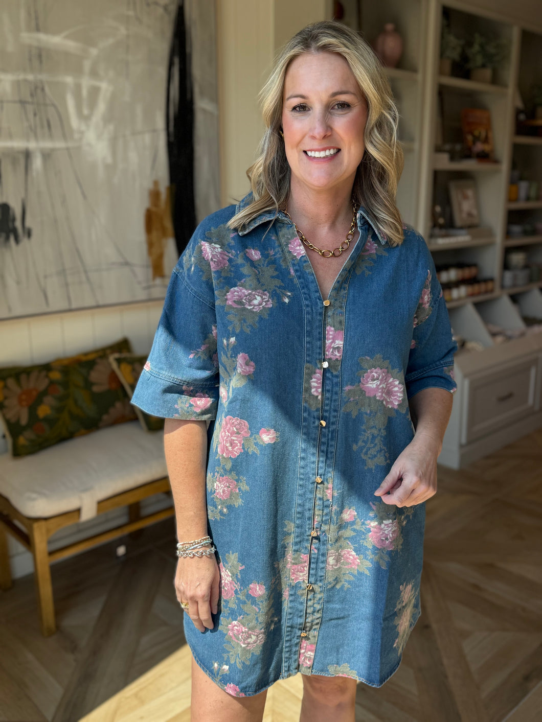 Denim Floral Shirt Dress