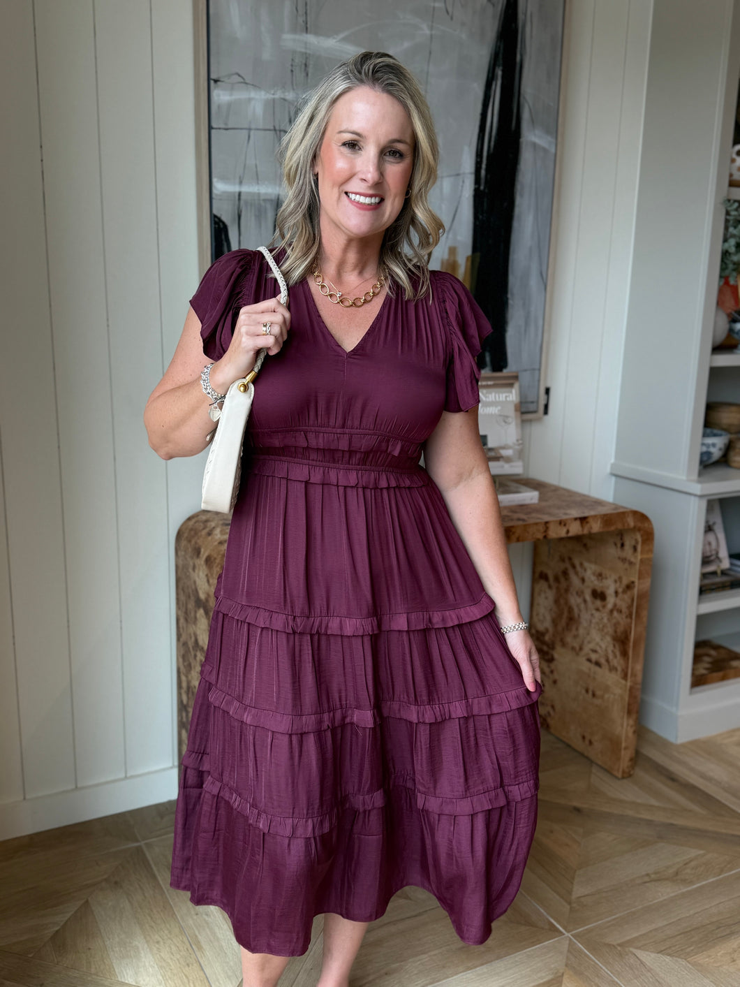 Deep Wine V-Neck Ruffle Midi Dress