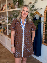 Load image into Gallery viewer, Brown Short Dress with Blue Polka Dots

