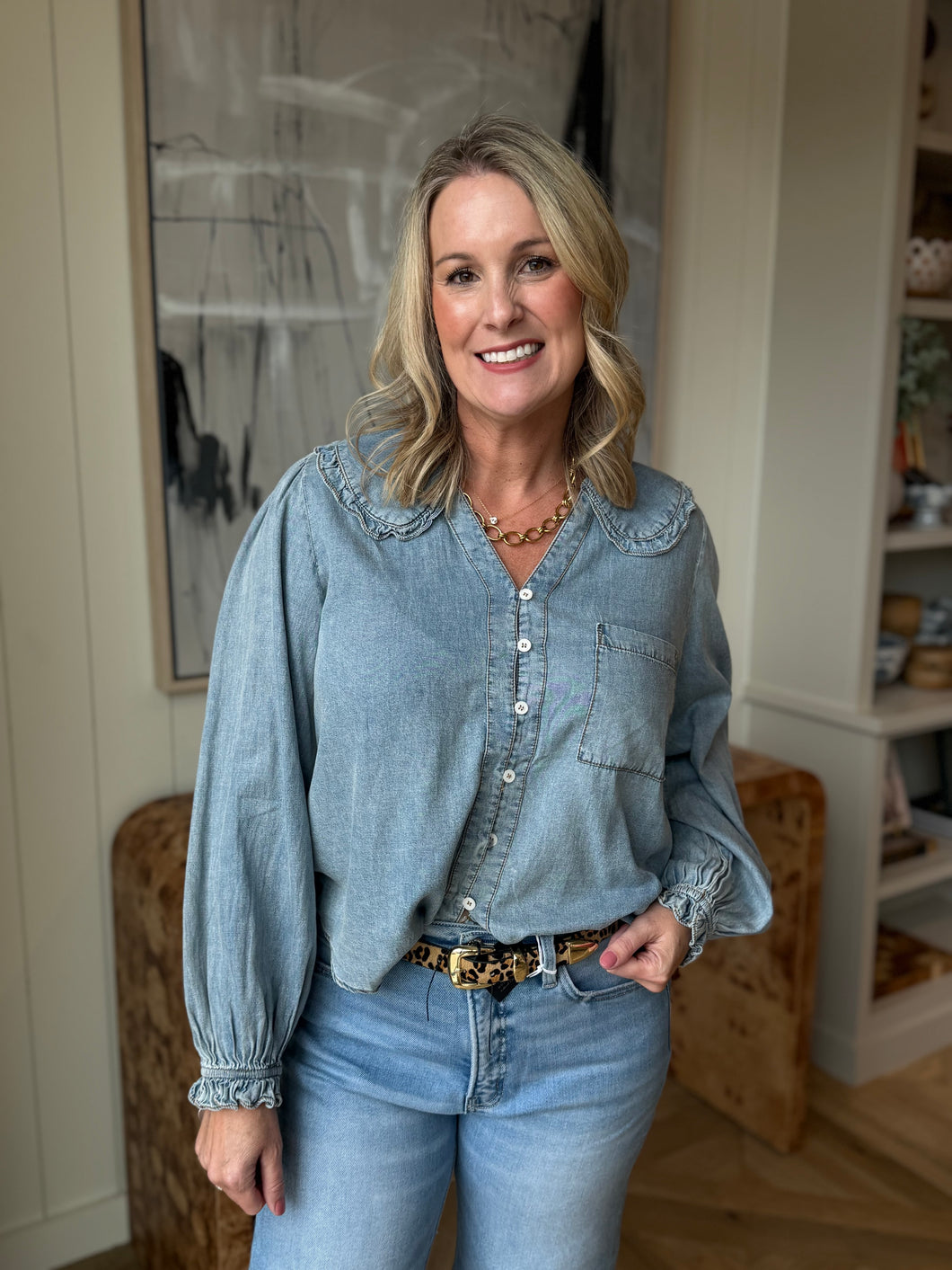 Denim Long Sleeve Ruffle Collar