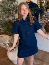Load image into Gallery viewer, Dark Wash Collared Denim Mini Dress
