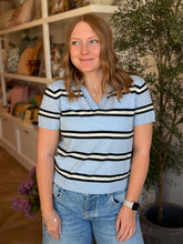 Load image into Gallery viewer, Blue Stripe Johnny Collar Knit Top
