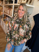 Load image into Gallery viewer, Olive Floral Tie Neck Blouse
