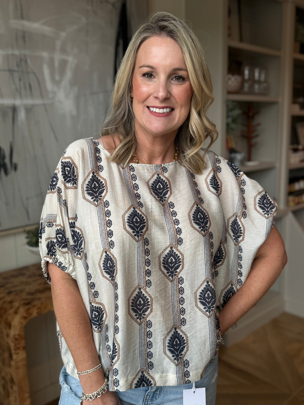 Midnight Floral Print Elastic Sleeve Blouse