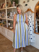 Load image into Gallery viewer, Olive &amp; Blue Stripe Midi Dress
