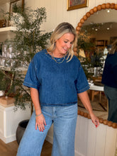 Load image into Gallery viewer, Round Neck Short Sleeve Denim Crop Top
