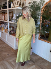Load image into Gallery viewer, Chartreuse Satin Midi Skirt
