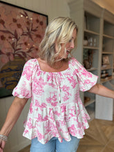 Load image into Gallery viewer, Pink Toile de Paris tiered blouse with bubble sleeves
