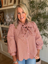 Load image into Gallery viewer, Camel &amp; Pink Stripe V-Neck Tie Blouse

