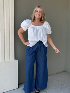 Pleated Wide Leg Chambray Pants