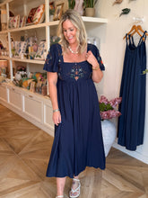 Load image into Gallery viewer, Navy Midi Dress with Embroidery Detail
